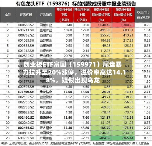 创业板ETF富国（159971）尾盘暴力拉升至20%涨停，溢价率高达14.18%，疑似出现乌龙